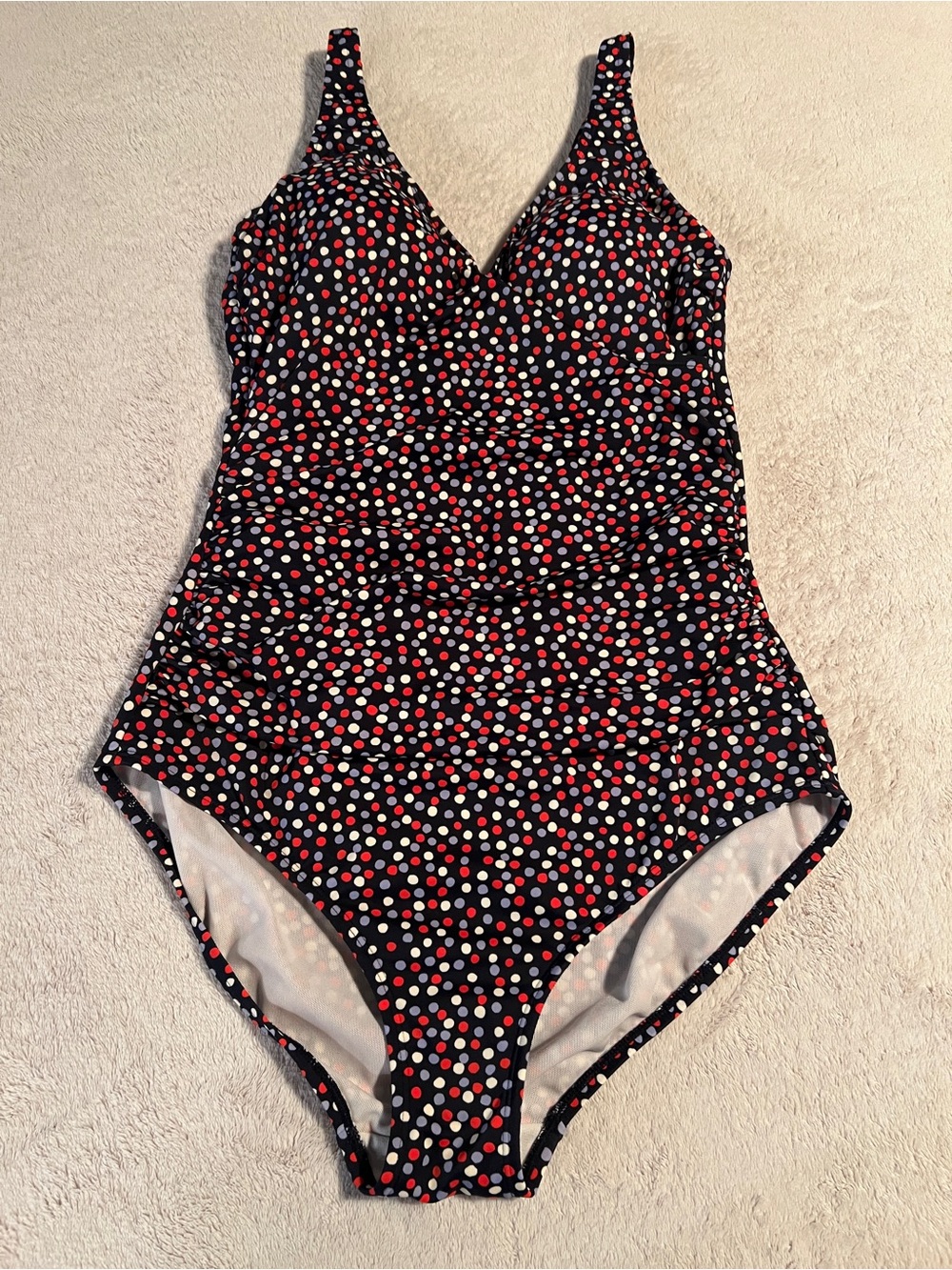 Boden Polka Dot One-Piece Wrap V-Neck Red White Blue Swimsuit 10 Long S0018